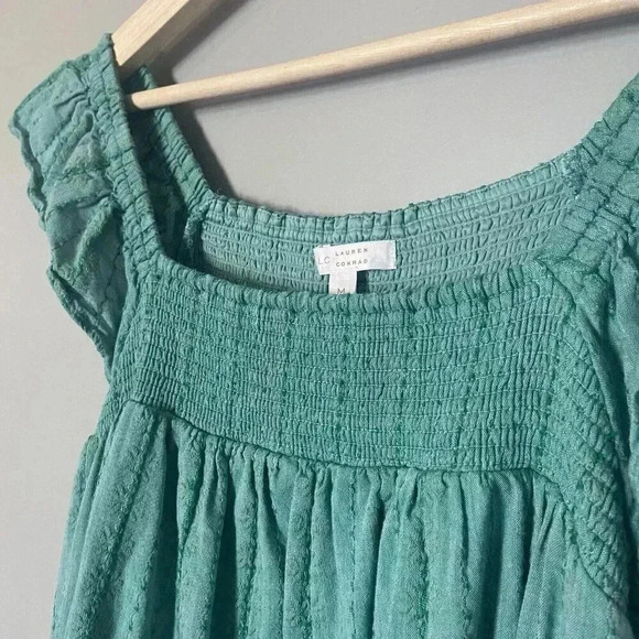 LC Lauren Conrad Green Smocked Ruffle Sleeve Midi Dress Size M Medium Teal Party - Picture 3 of 15